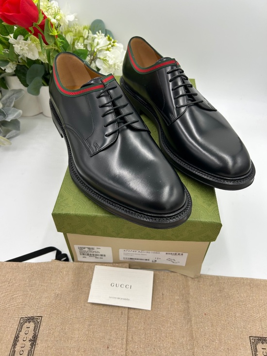 Men’s Gucci Black Leather Derby Shoes with Green-Red Web trim Size 12.5 main image 8